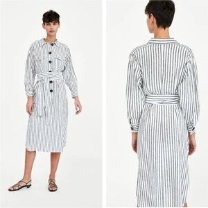 Zara Linen Blend Striped Shirt Dress Tie Waist Pockets
